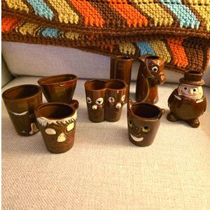 Antique Mid Century What'll Ya Have? Redware Ornamental Kitsch Shot Glass Set